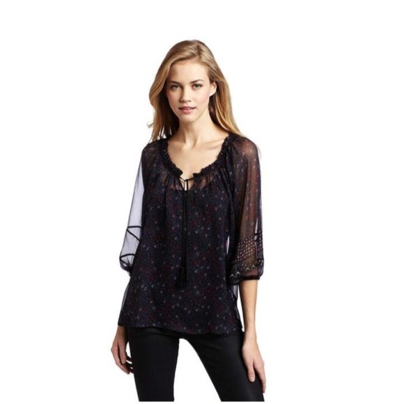Joie Tops - Joie Black Red Silk Yara Mix Sheer Floral Blouse